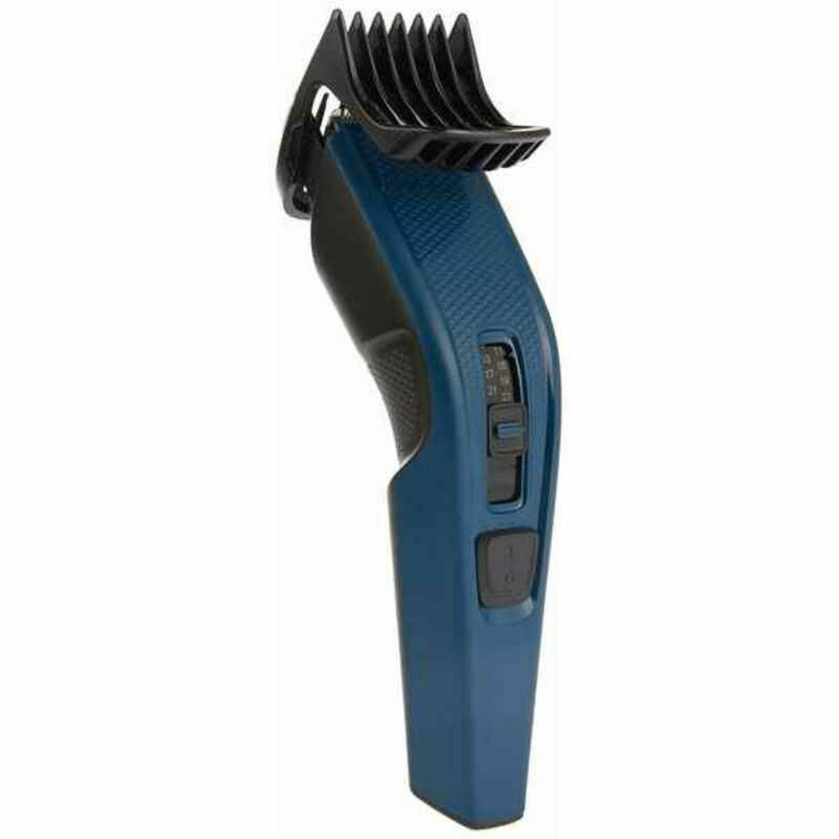 Un tagliacapelli blu con pettine nero e ghiera di regolazione.