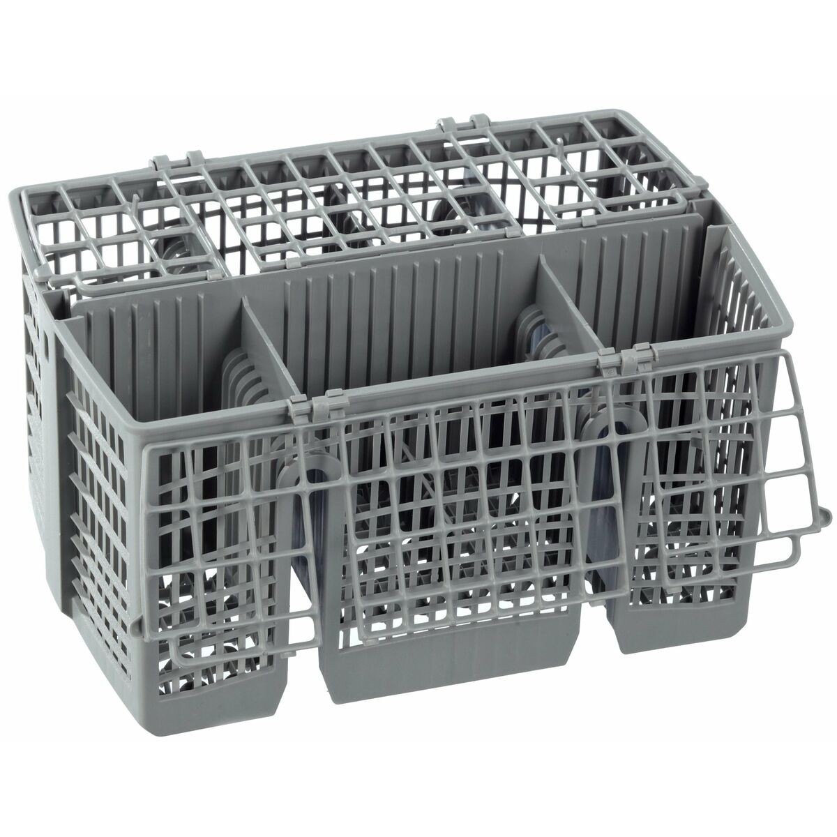 Portaposate grigio per lavastoviglie con più scomparti e coperchio a griglia.