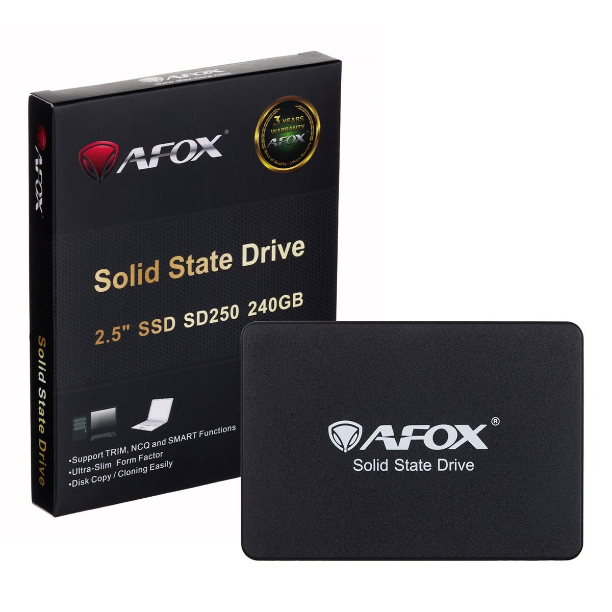 Black AFOX 240GB Solid State Drive next to its packaging.