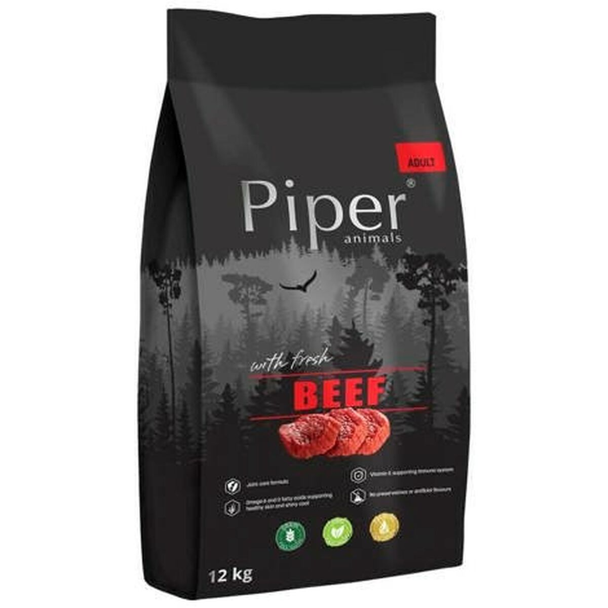 12 kg torba karmy dla psów Piper Adult Beef z obrazami wołowiny i leśną sceną.
