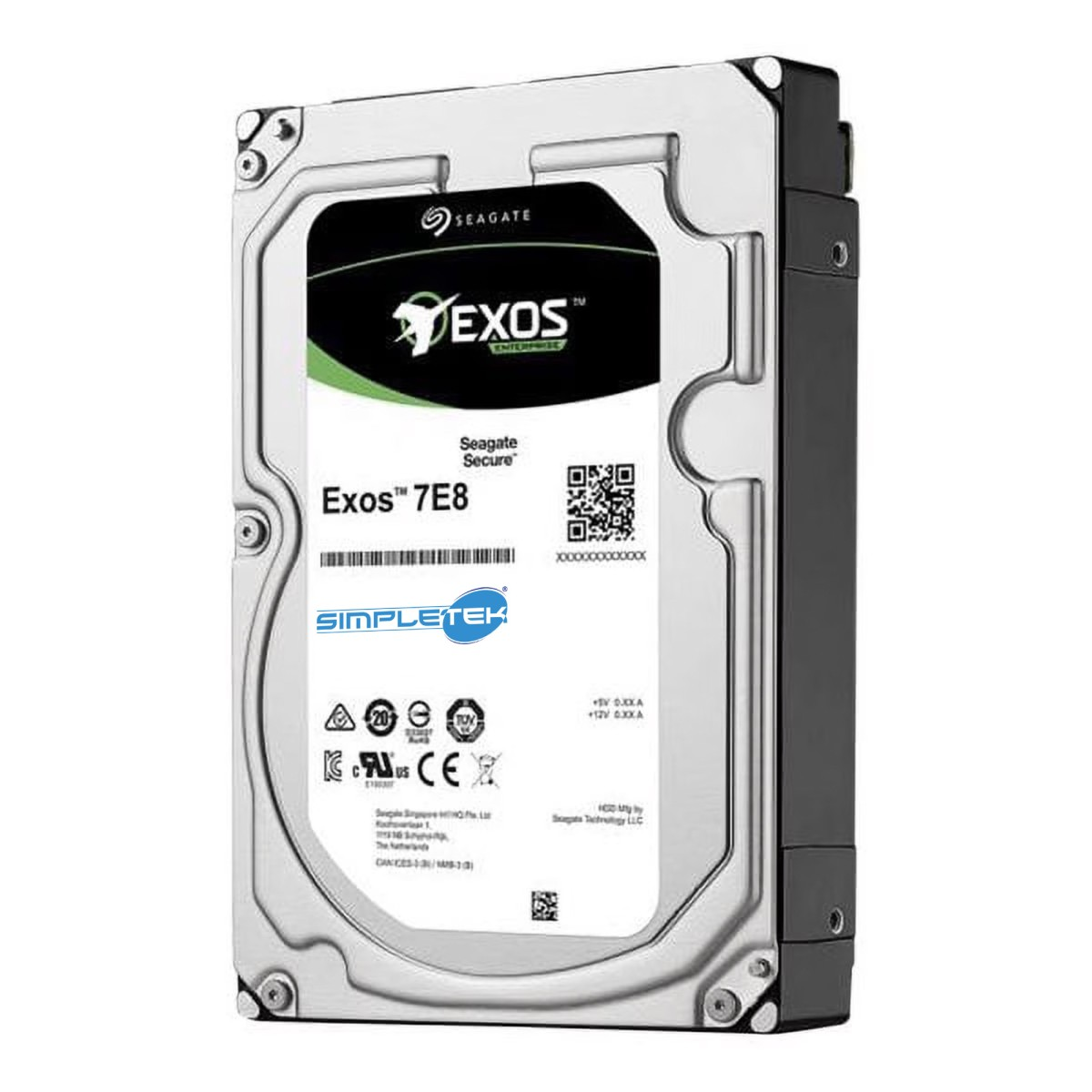 Hard disk Seagate Exos 7E8 con case argentato ed etichetta nera.
