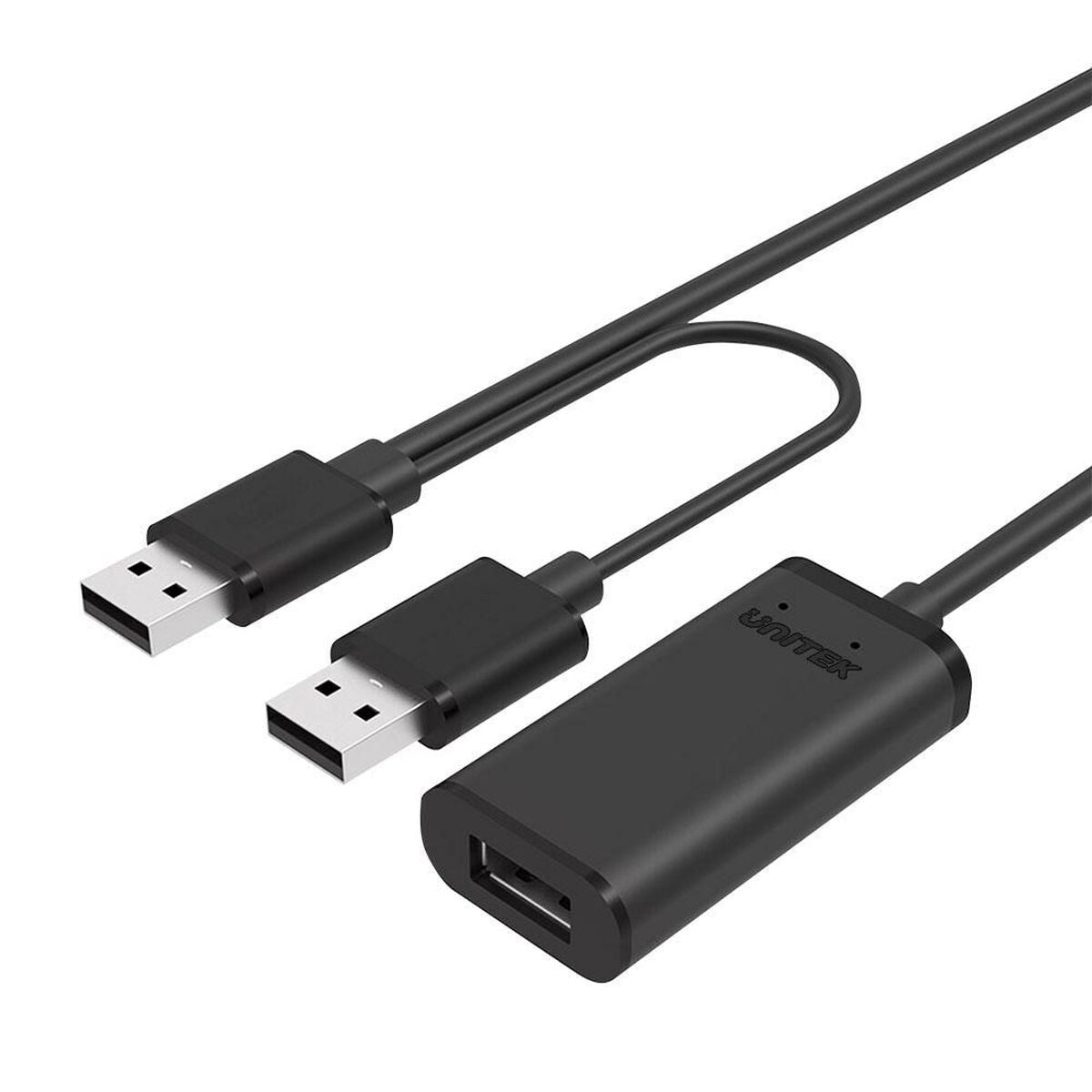 Schwarzes USB-Kabel mit zwei Steckern und einem weiblichen Anschluss.