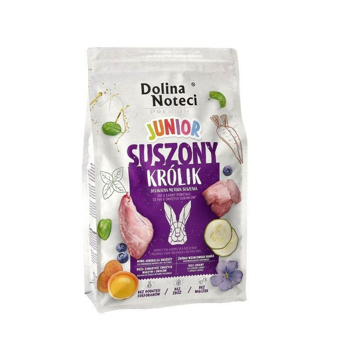 Bolsa de comida seca para conejos junior con ilustraciones de conejo, zanahorias y hierbas.