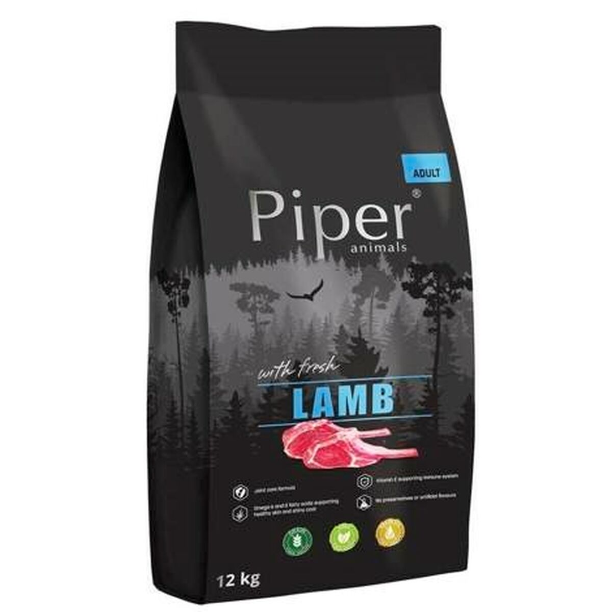 Czarna torba na karmę dla psów z wizerunkiem jagnięcia i logo Piper.