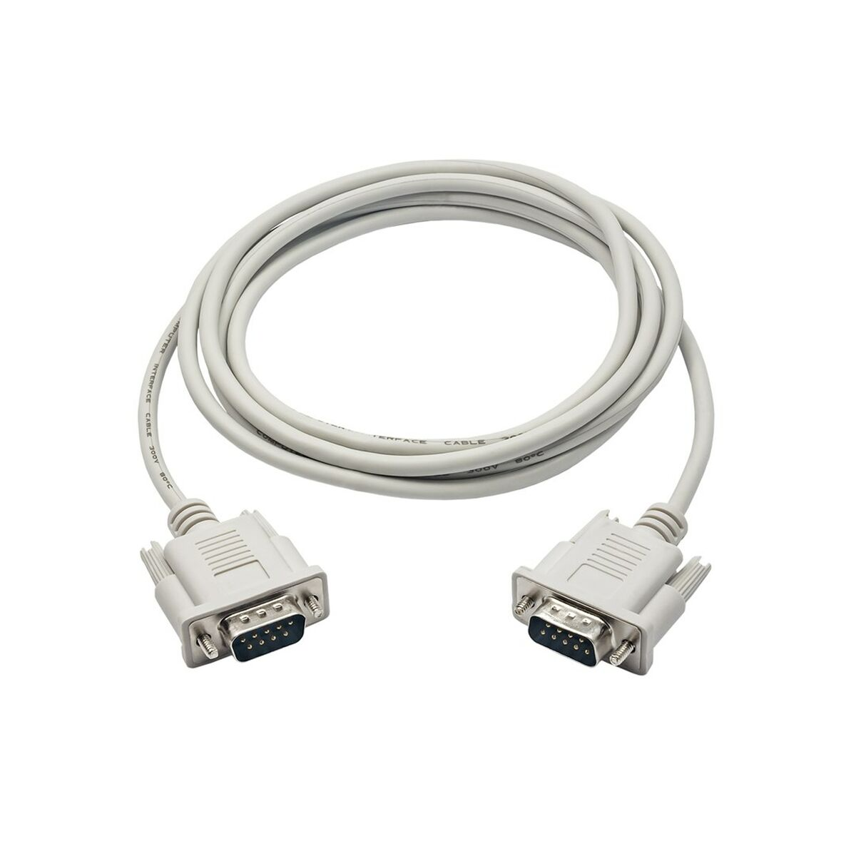Un cavo seriale grigio con due connettori D-sub a 9 pin, su sfondo bianco.