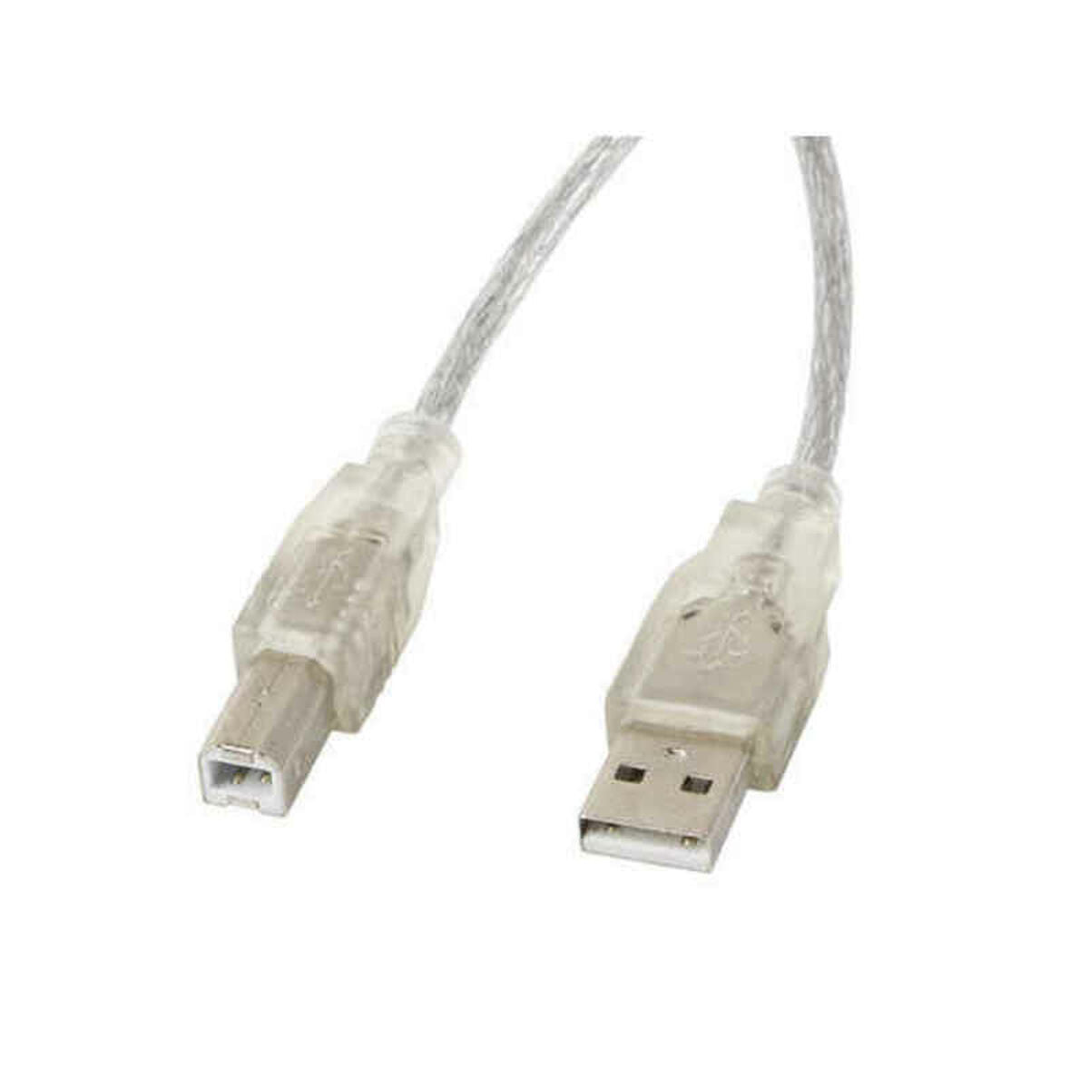Un cable USB transparente con conectores tipo A y tipo B sobre fondo blanco.