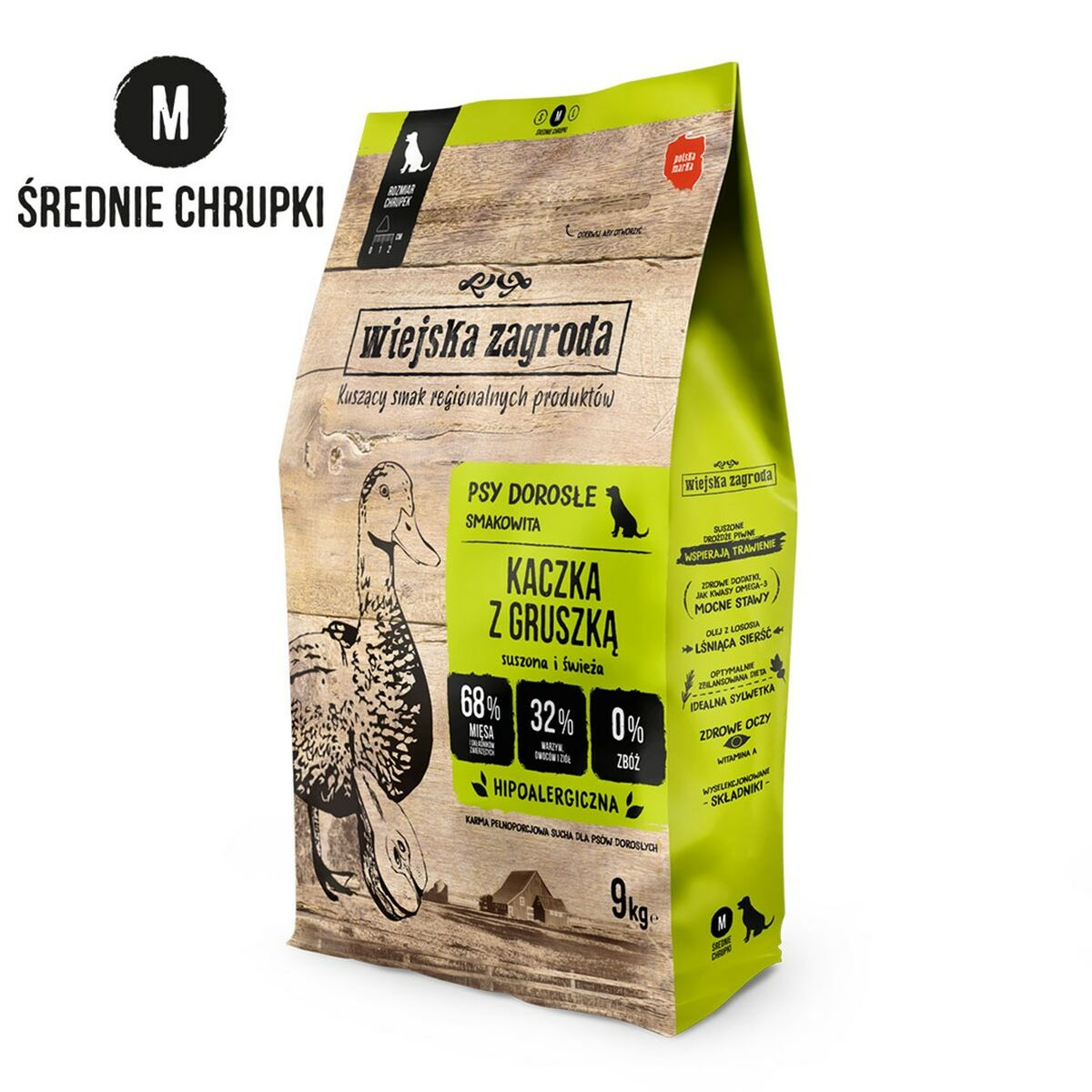 Worek karmy dla psa: kaczka z gruszką, 9kg. Średnie chrupki.