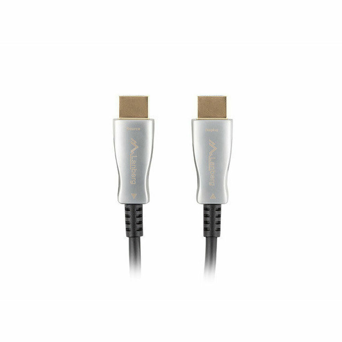 Dwa białe kable HDMI z logo Lanberg i oznaczeniami 'Source'/'Display'.