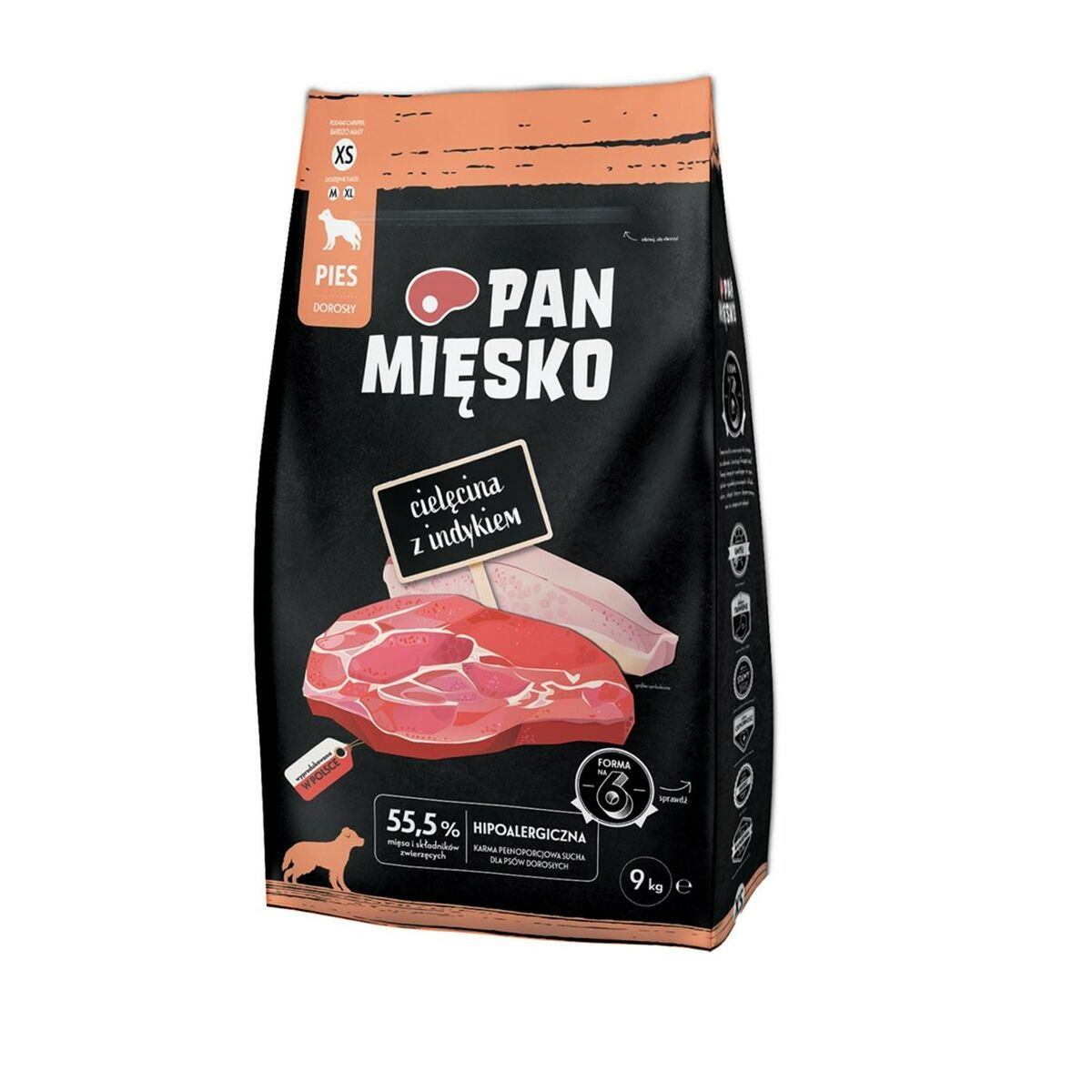 Czarna karma dla psów z wołowiną i indykiem, 9kg.