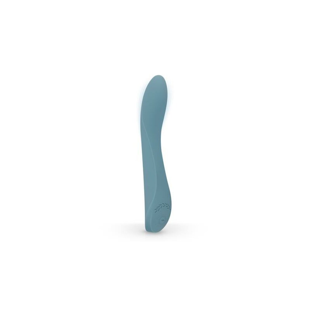 Ein schlanker, blauer Vibrator mit einer gebogenen Spitze und einem Blattmuster.