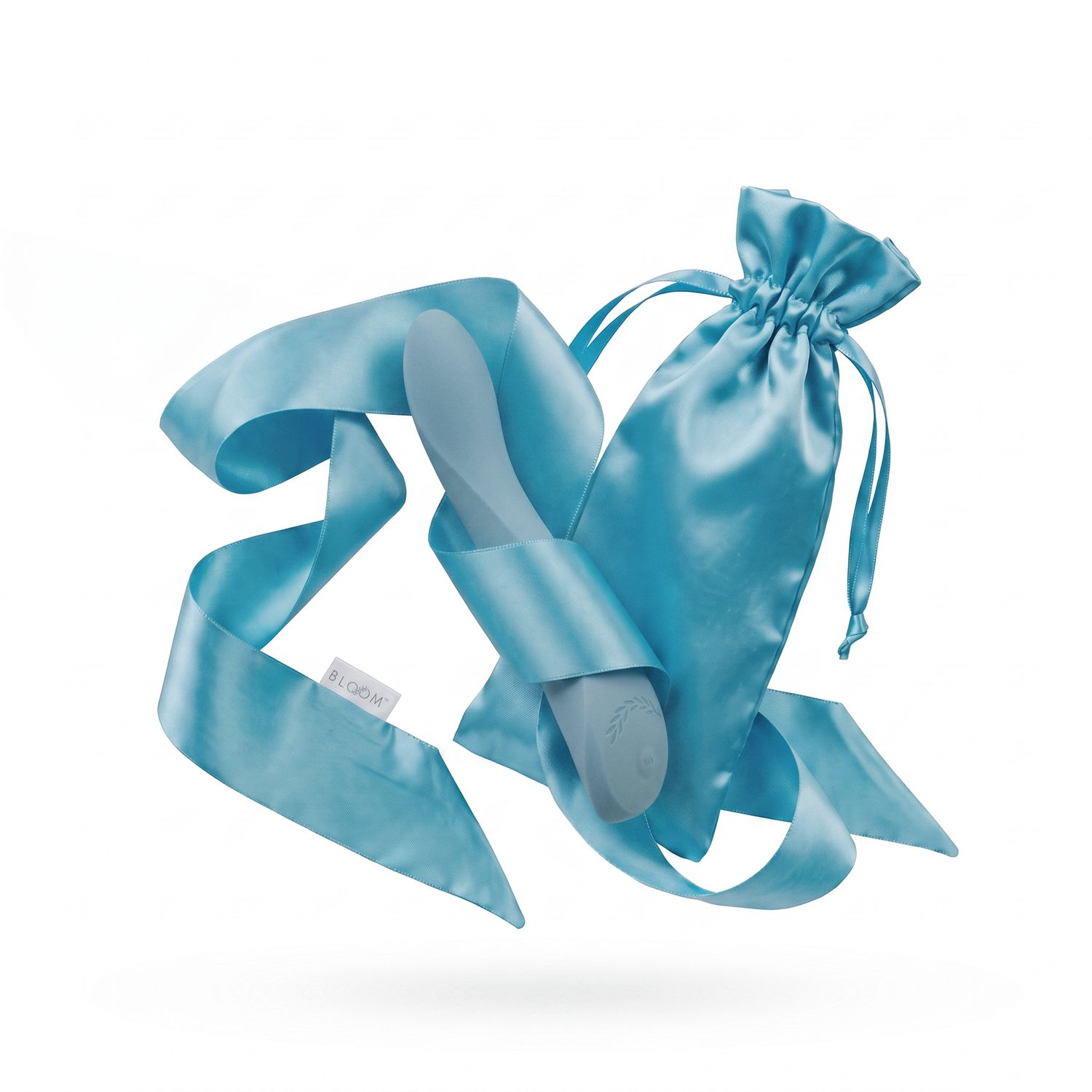 Ein blaues Band wickelt sich um einen blauen Vibrator und eine blaue Satin-Kordeltasche.