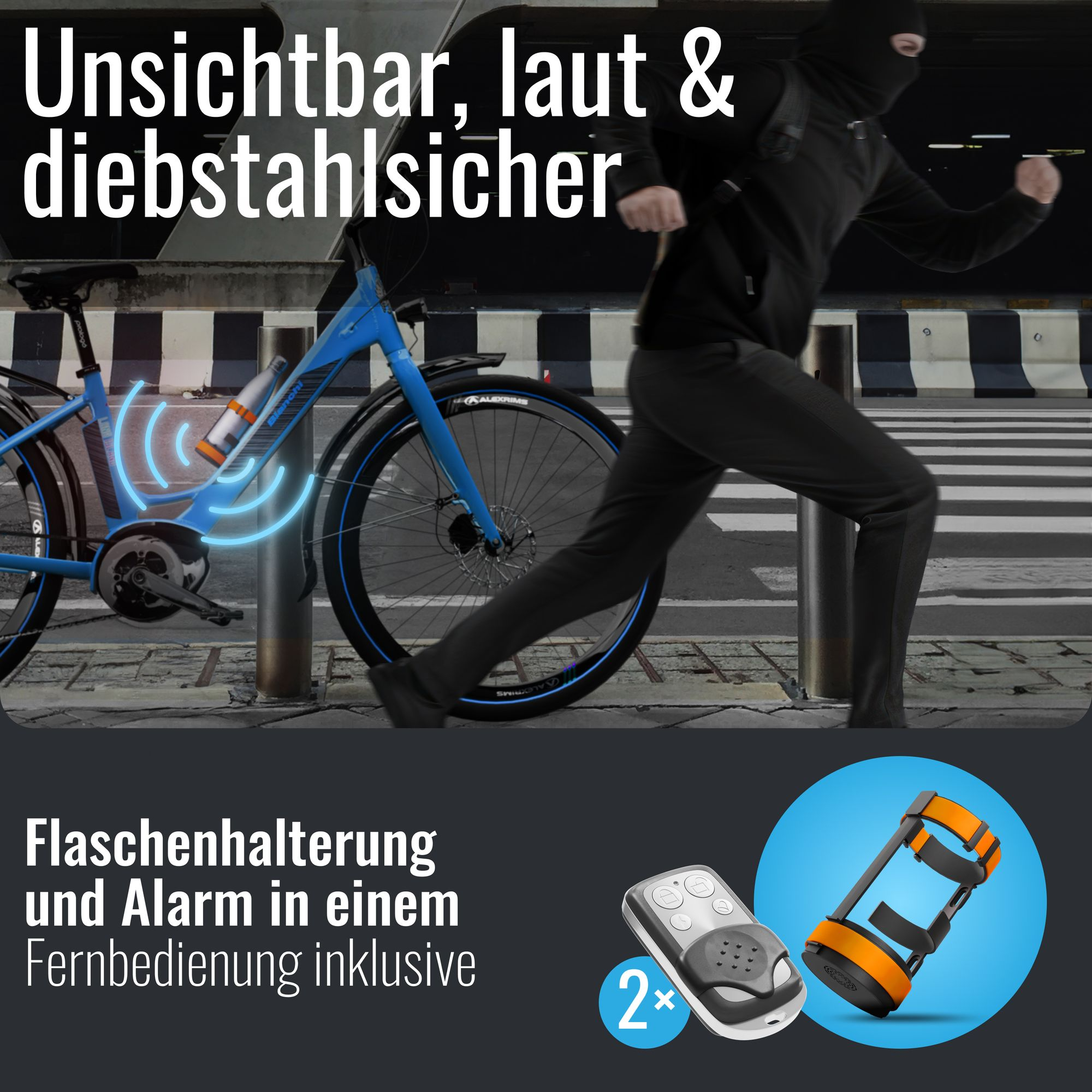 Ein blauer Dieb rennt mit einer Flasche am Fahrrad vorbei. Fernbedienung und Halterung.