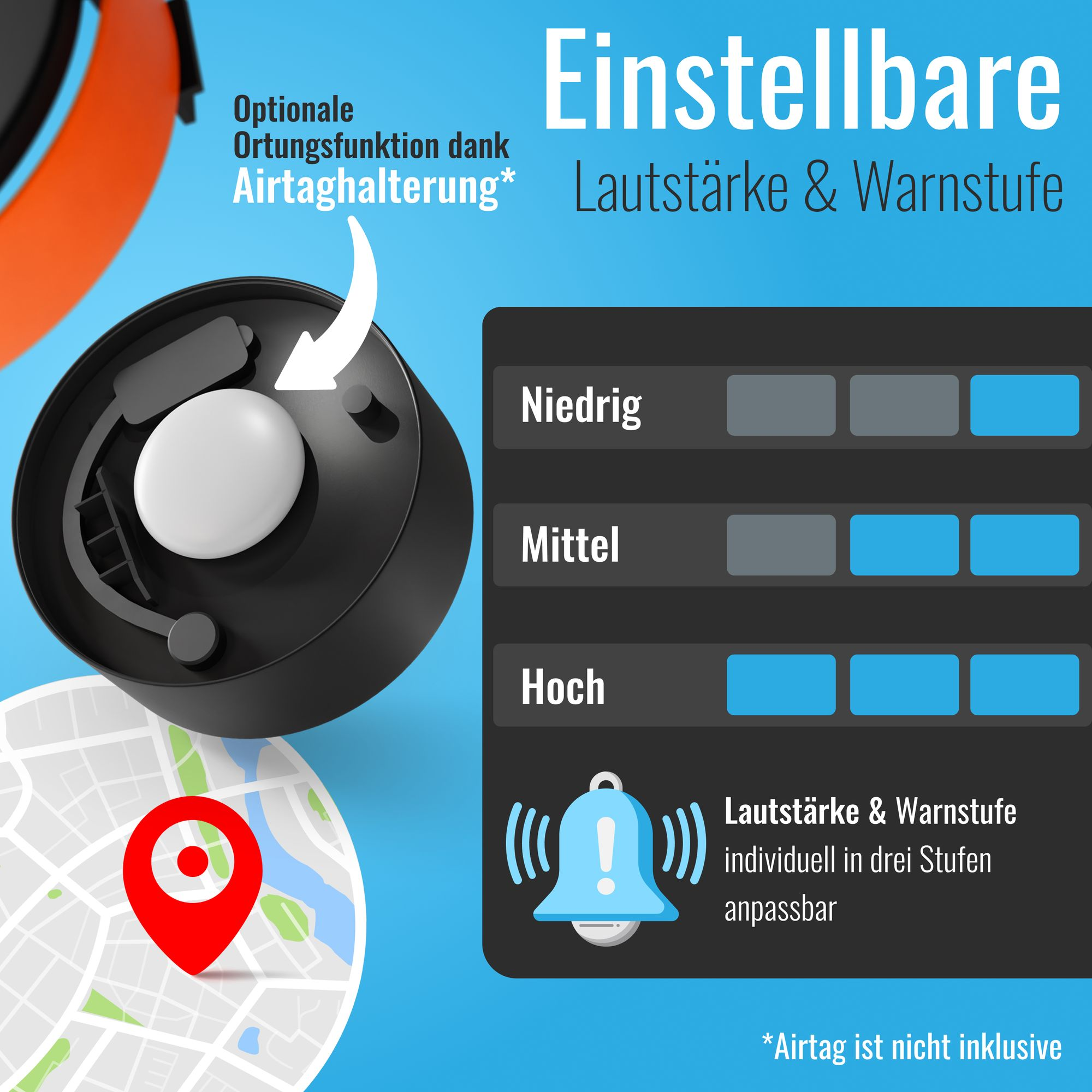 Einstellbare Lautstärke und Warnstufe mit drei Optionen: Niedrig, Mittel, Hoch.