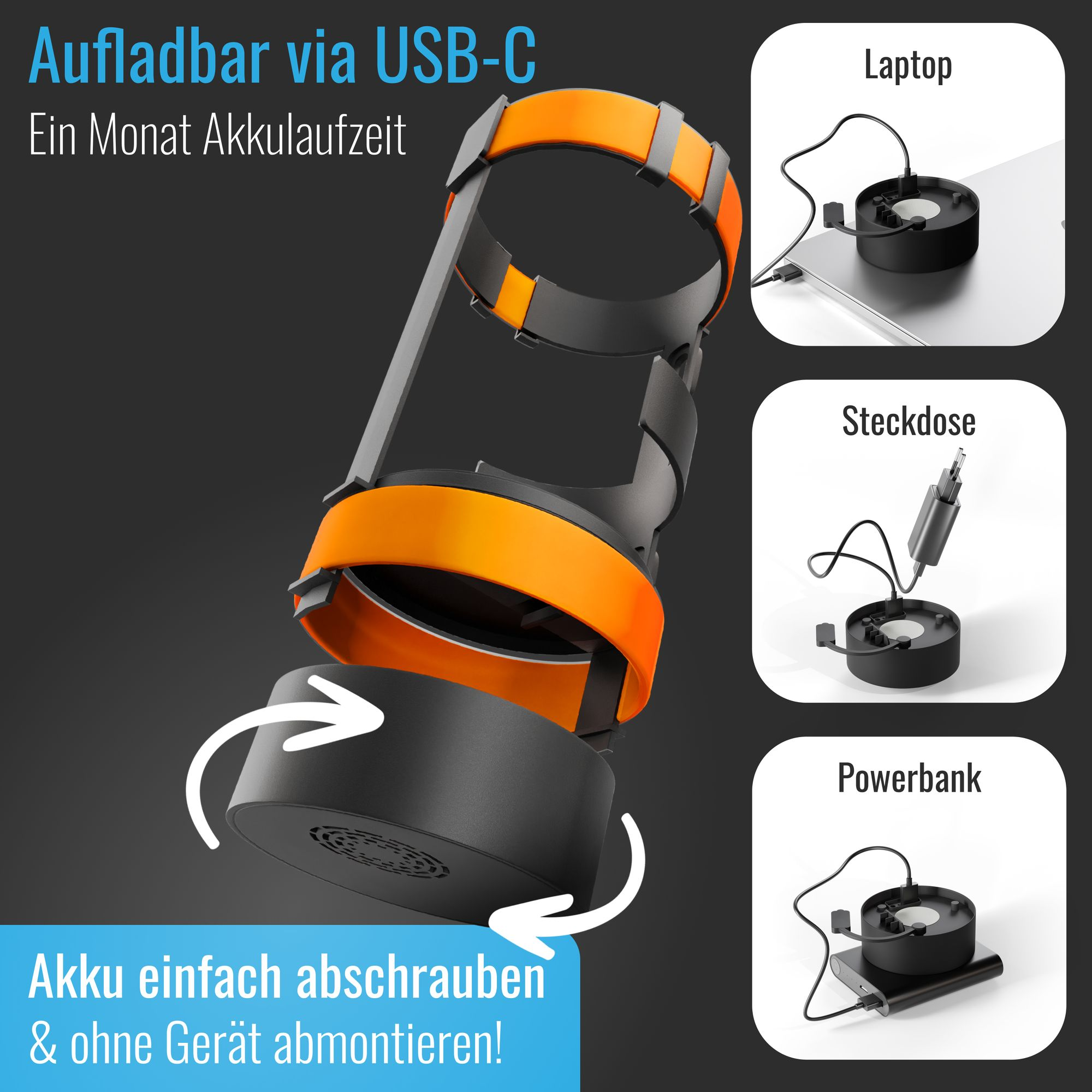 Produkt mit orangefarbenen Akzenten wird per USB-C geladen. Optionen: Laptop, Steckdose, Powerbank.