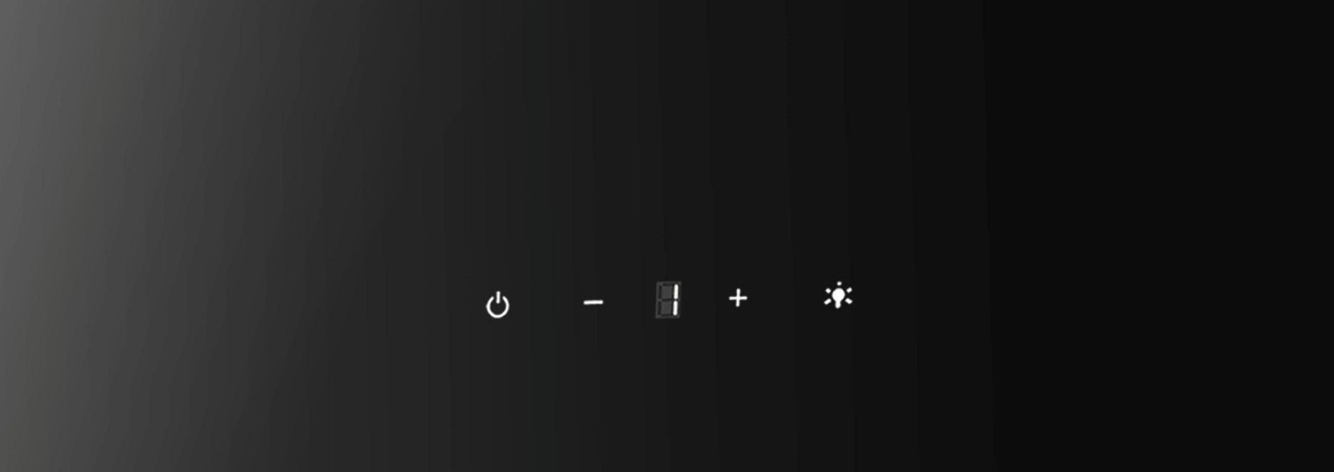Ein-/Ausschaltknopf, Lautstärketasten und ein Lichtsymbol auf dunklem Hintergrund.