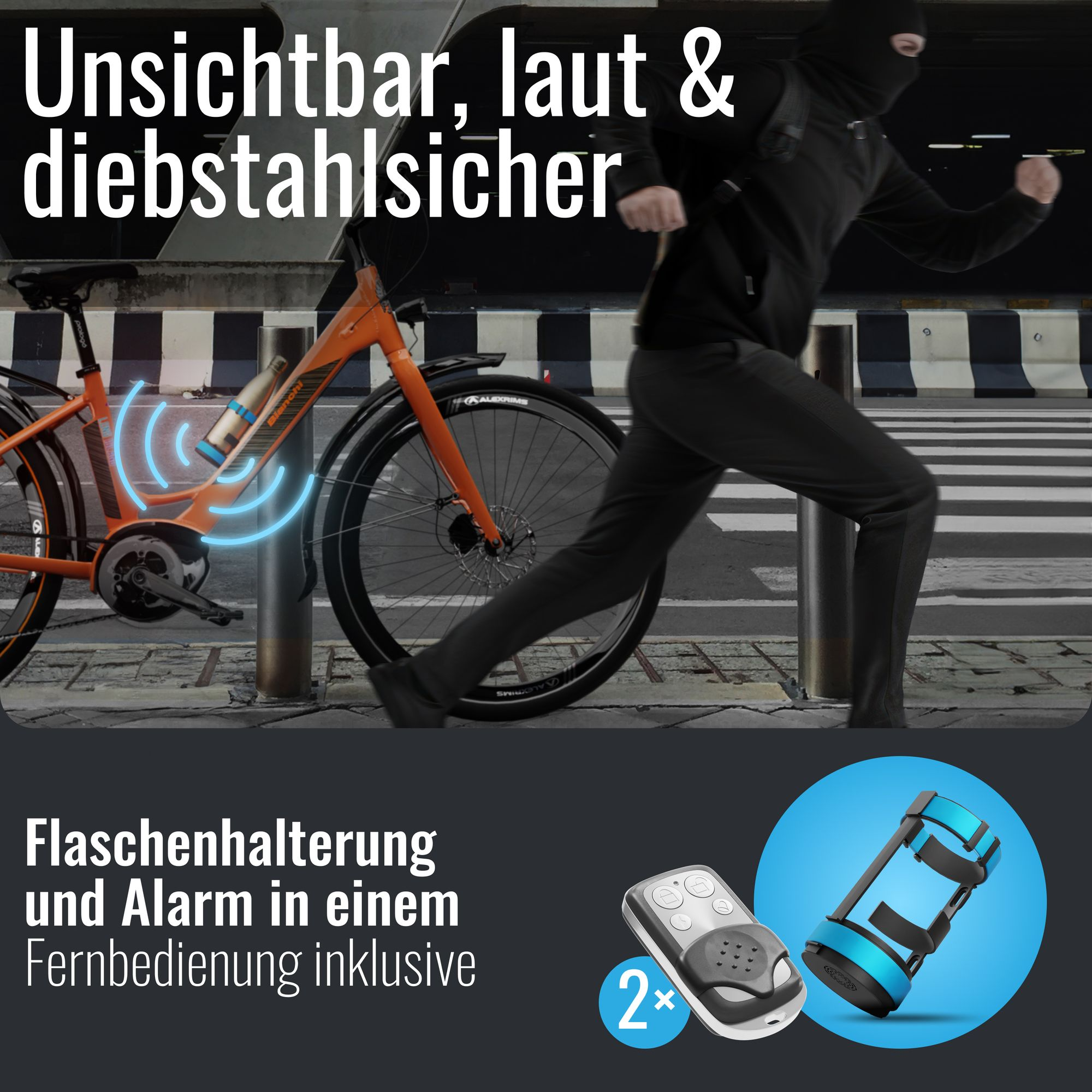 Orange Fahrrad mit Flaschenhalter-Alarm und Fernbedienung. Mann in Schwarz läuft.