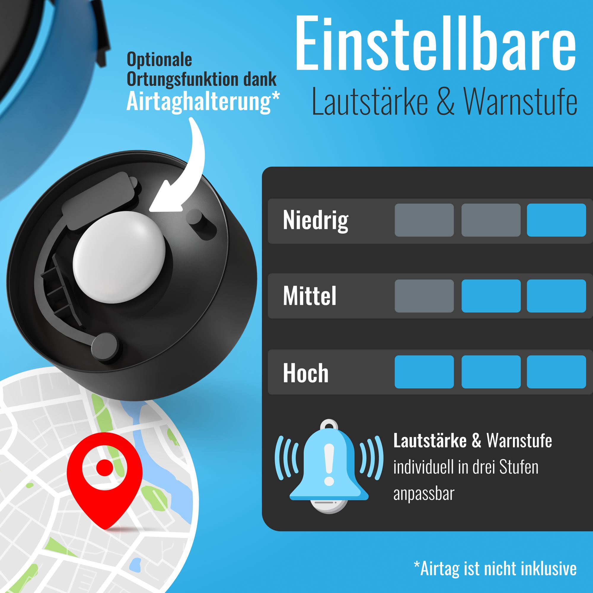 Einstellbare Lautstärke & Warnstufe: Niedrig, Mittel, Hoch. Ortungsfunktion dank Airtaghalterung.