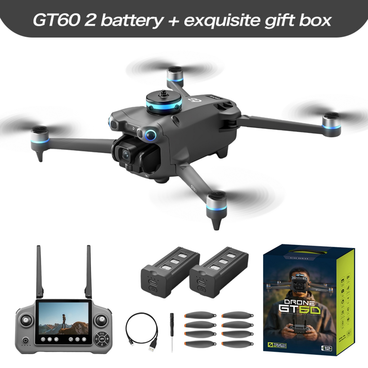 Ein grauer GT60-Drohne mit Zubehör: Fernbedienung, Batterien, Propeller, Kabel und Geschenkbox.