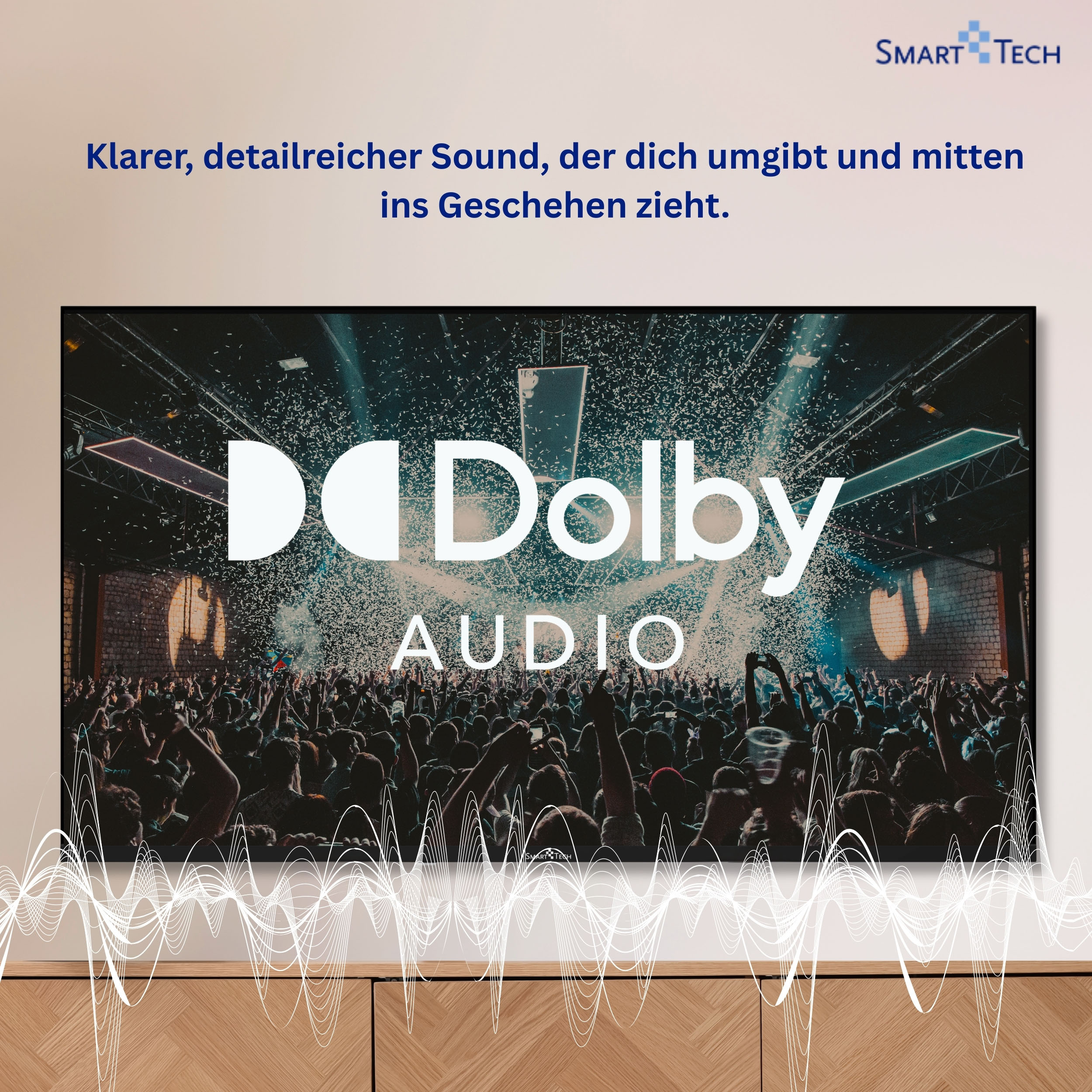 Eine Menge bei einem Konzert mit Dolby Audio Logo und Konfetti.