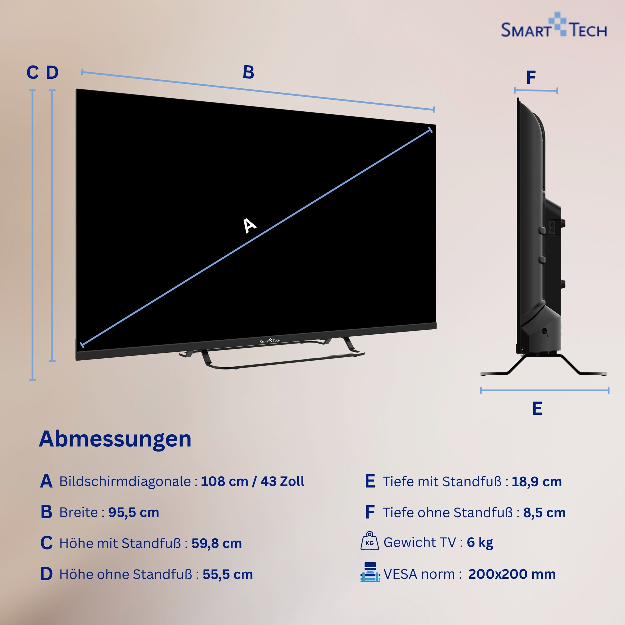 Abmessungen eines 43-Zoll-Fernsehers mit Standfuß und ohne.