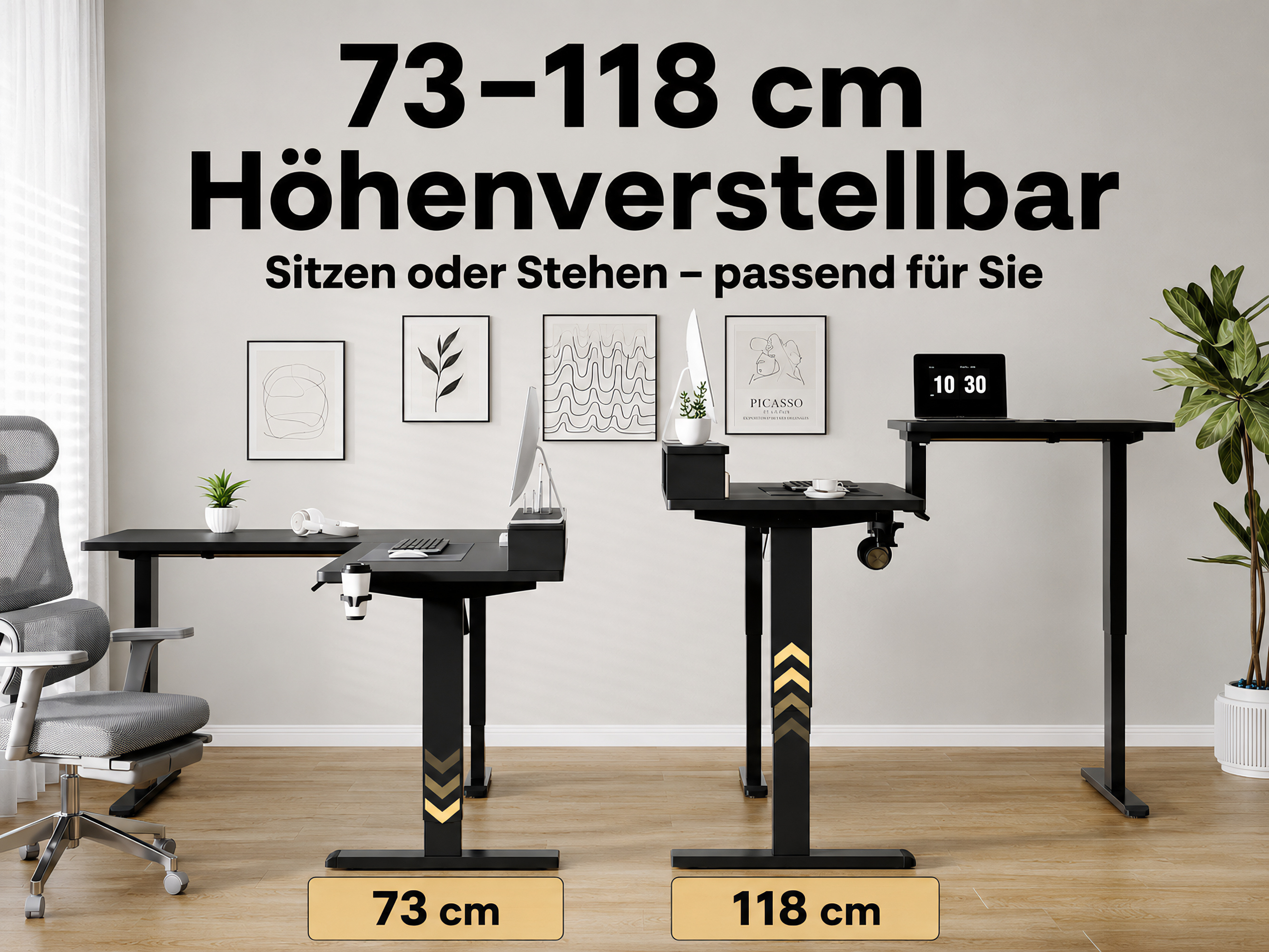 Verstellbare Schreibtische in Schwarz, 73-118 cm hoch.