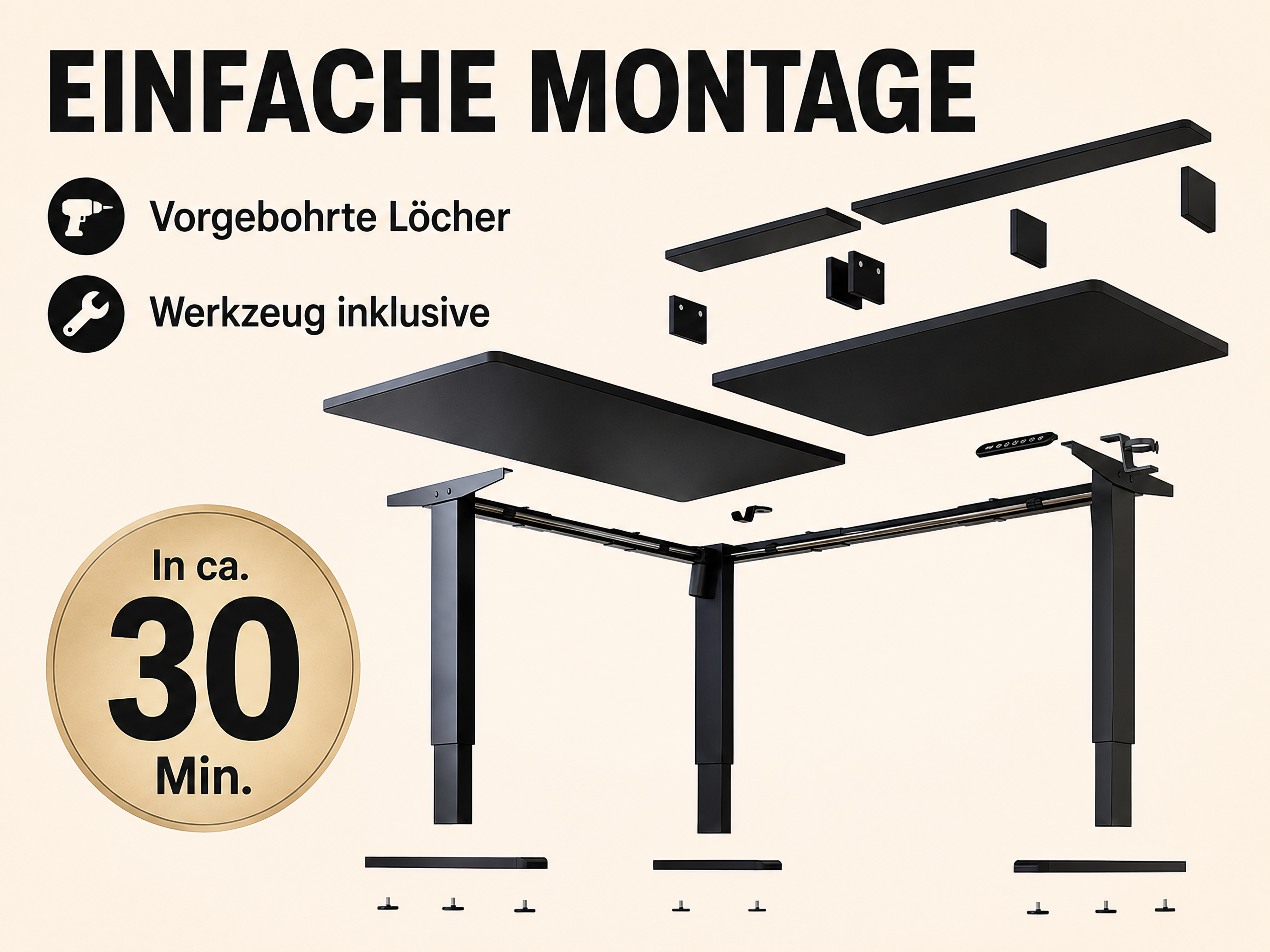Explodierte Ansicht eines höhenverstellbaren Schreibtischrahmens mit Tischplatten.