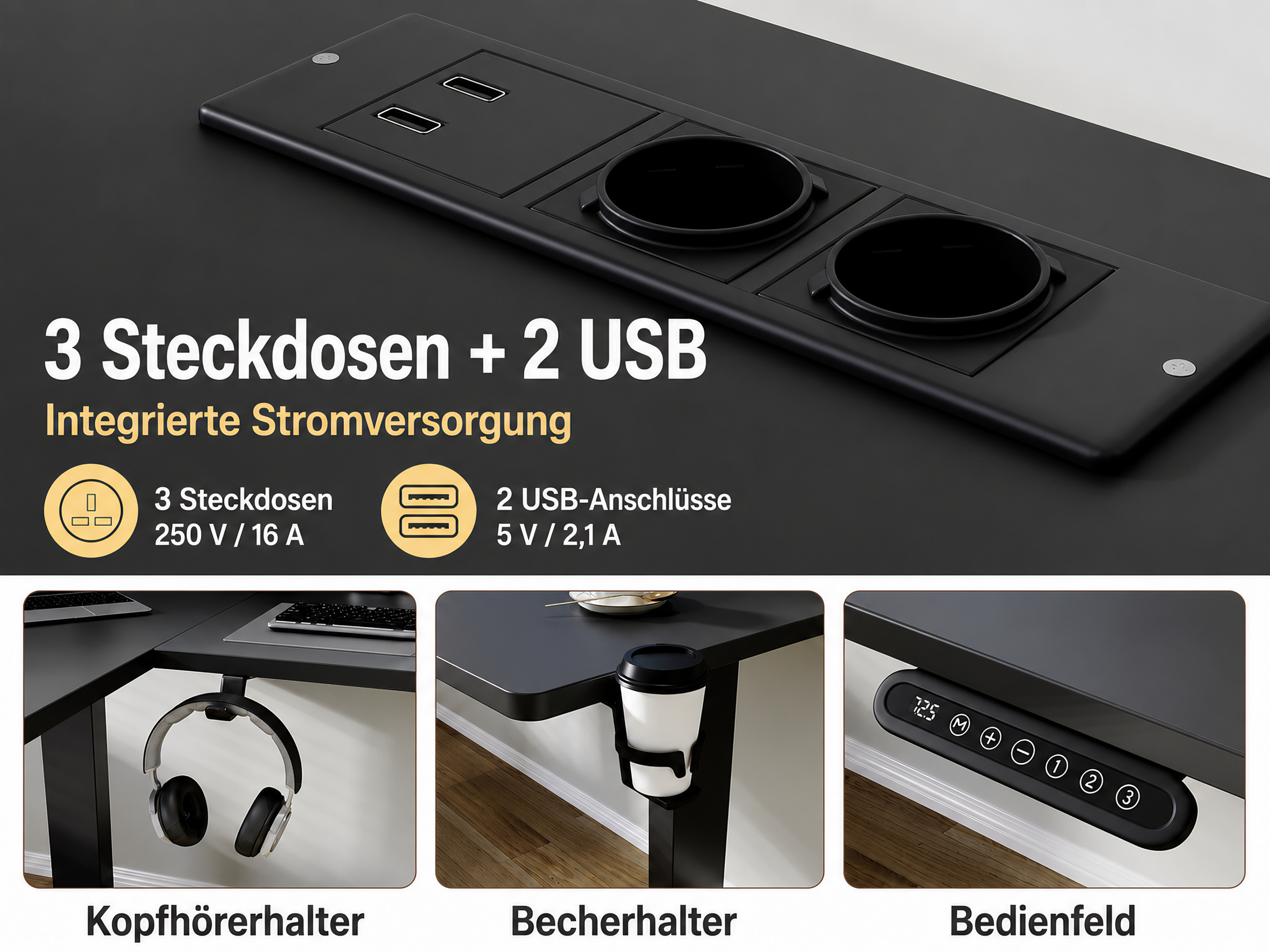 Ein schwarzer Schreibtisch mit integrierter Stromversorgung, Kopfhörerhalter und Becherhalter.