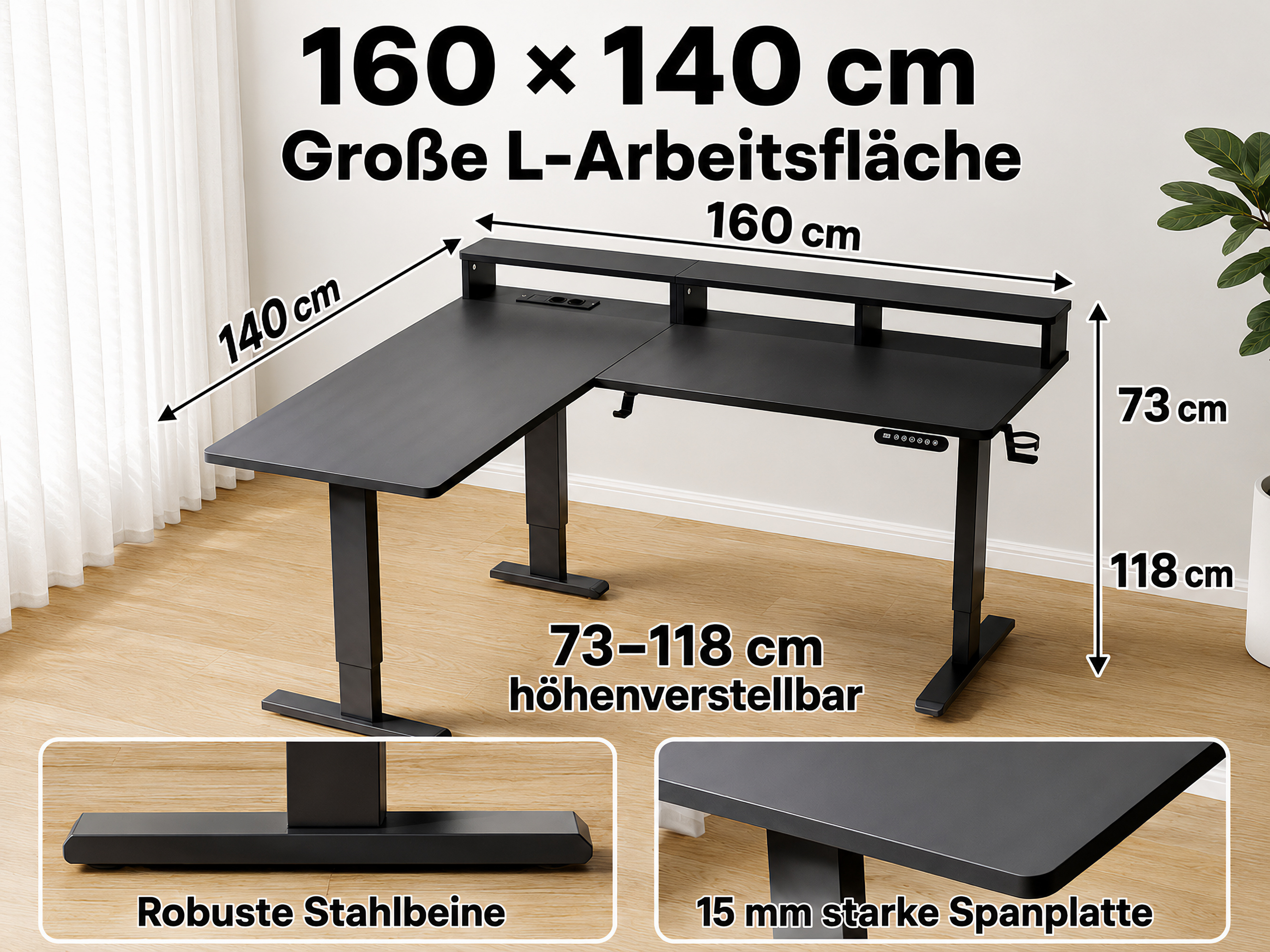 Schwarzer L-Schreibtisch mit verstellbarer Höhe (73-118 cm), 160x140 cm.