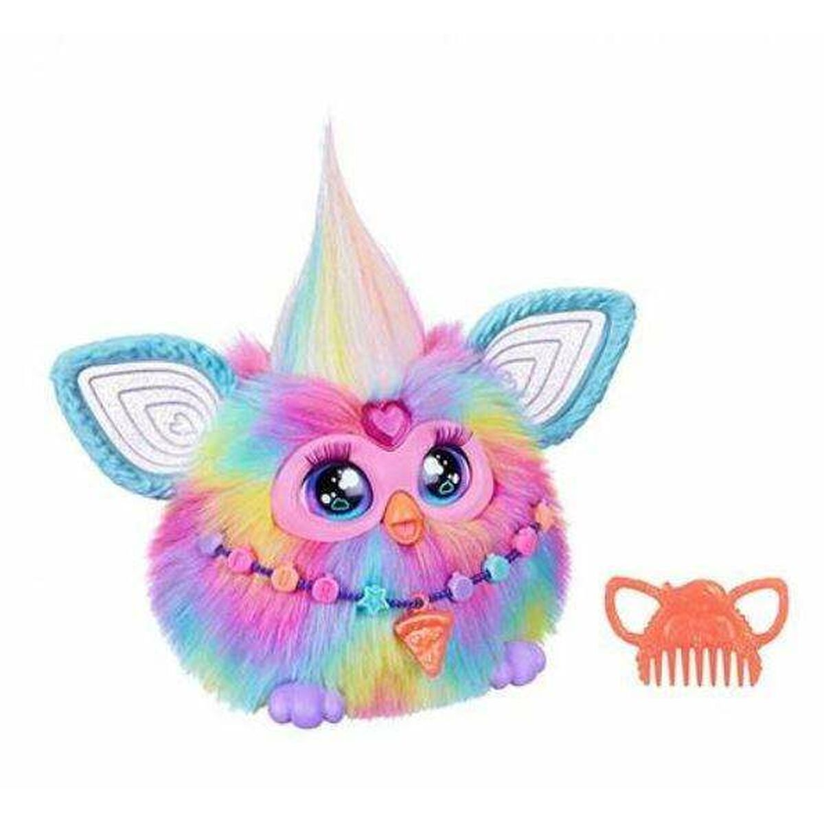 Un Furby colorido con ojos grandes, un collar y un peine al lado.