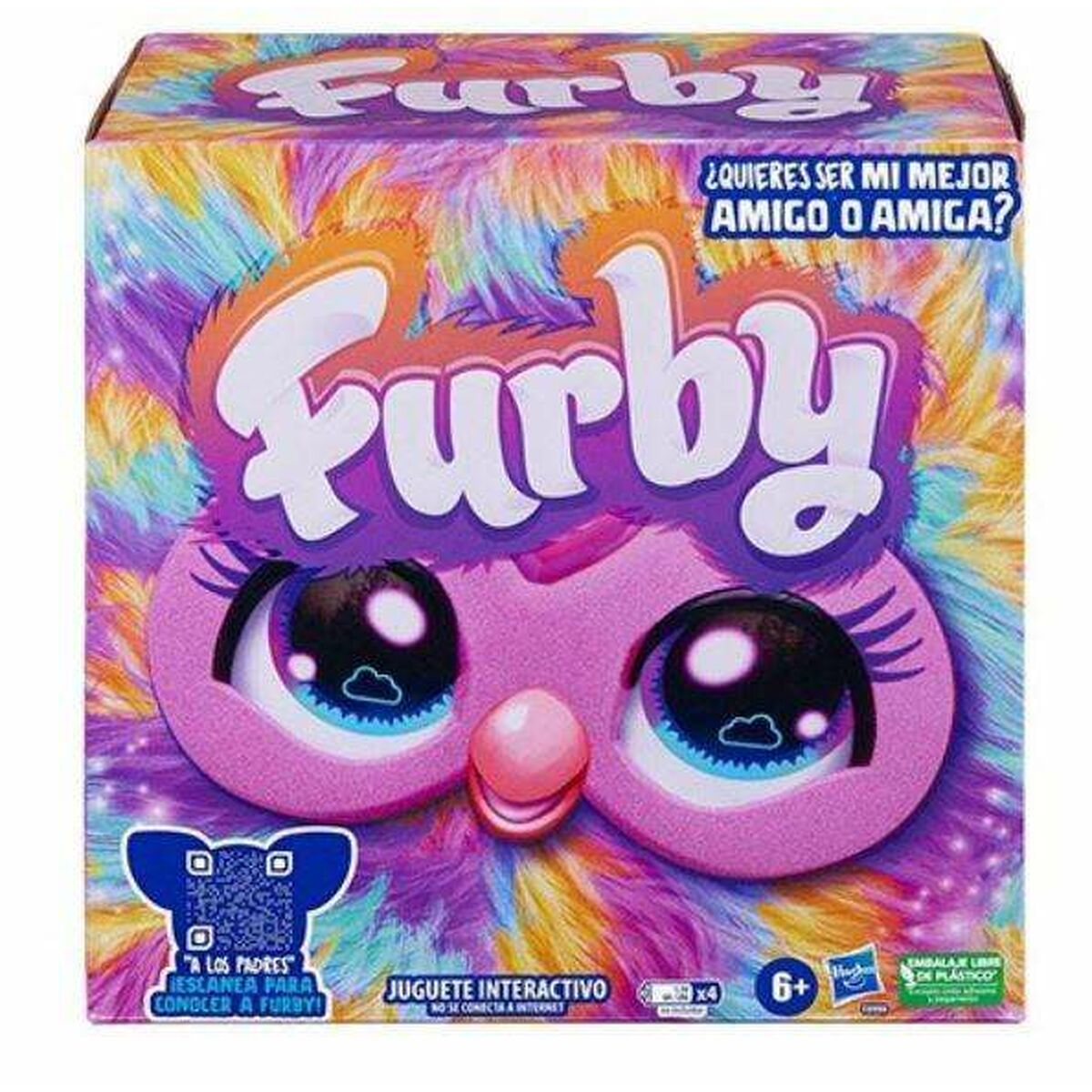 El empaque del juguete Furby muestra una cara rosa con grandes ojos azules.