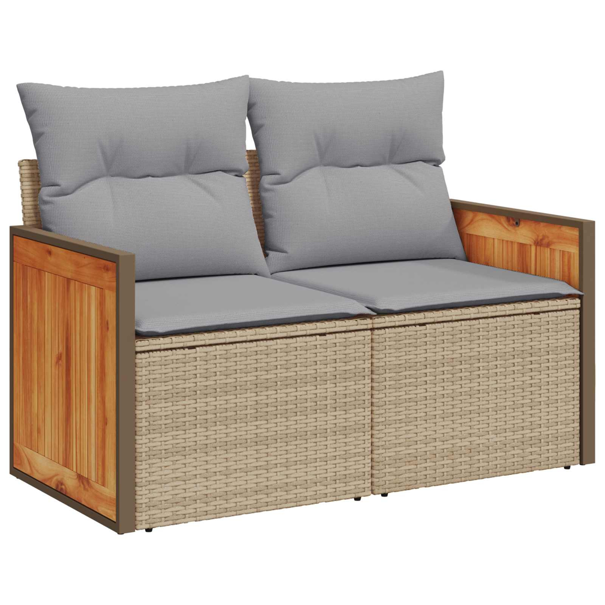 Divano a due posti in rattan e legno con cuscini grigi.