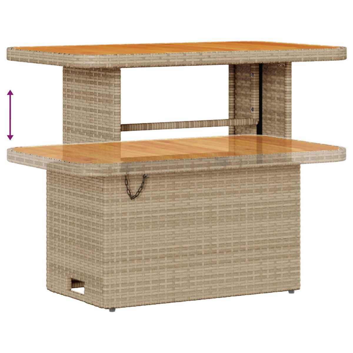 Tavolo in rattan a due livelli con piano in legno e catena.