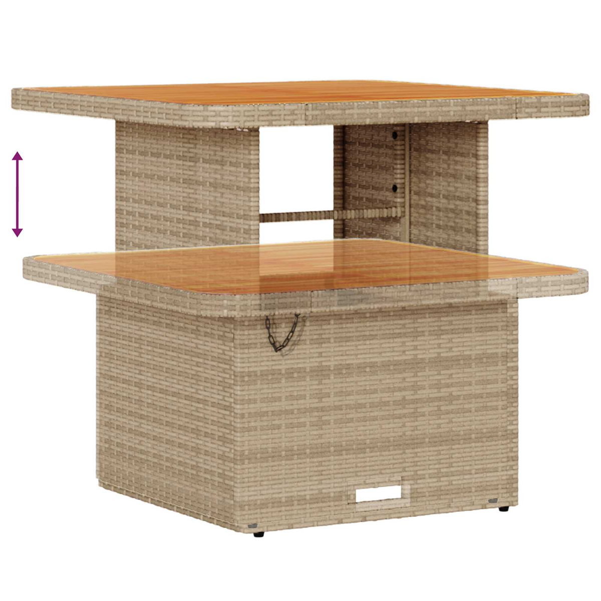 Base tavolo in rattan beige con due piani effetto legno. Una freccia viola indica la differenza di altezza.