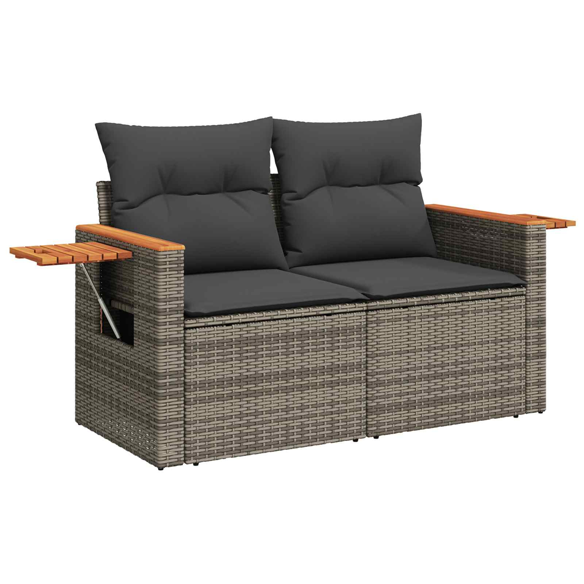 Graue Rattan-Doppelliege mit Holzakzenten und Kissen.