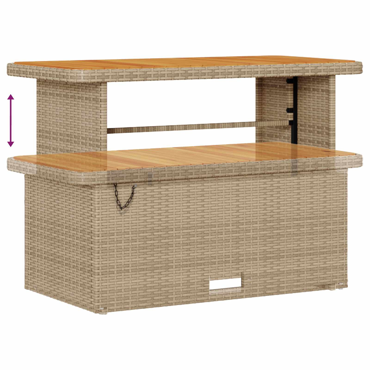 Un bancone bar a due livelli in vimini marrone chiaro con superfici in legno e chiusura a catena.