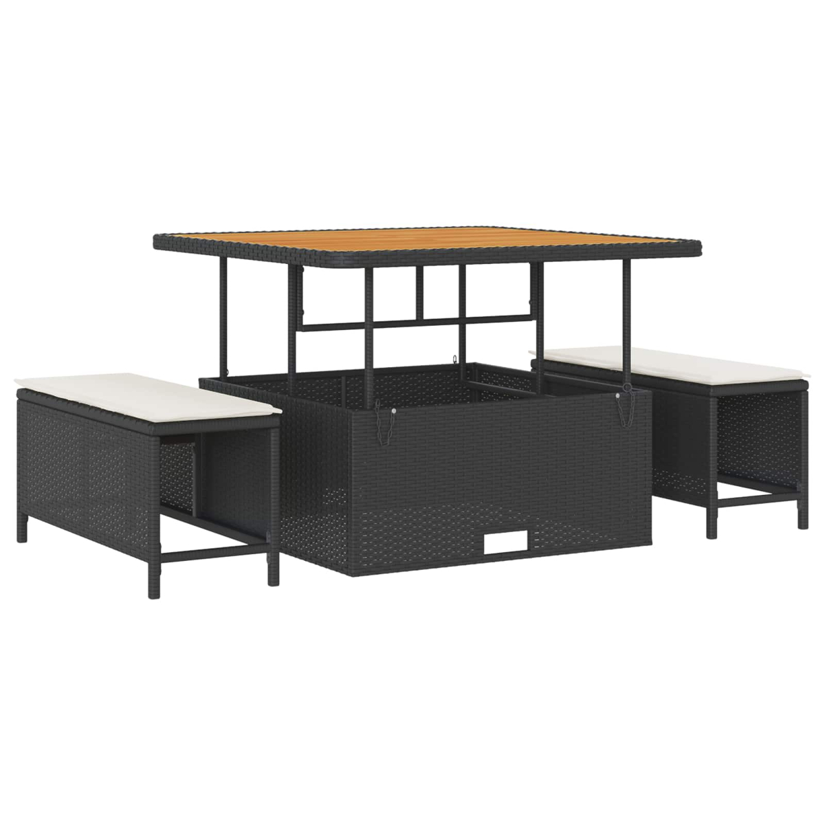 Un set da pranzo da giardino in rattan nero con piano in legno e due panche con cuscini chiari.