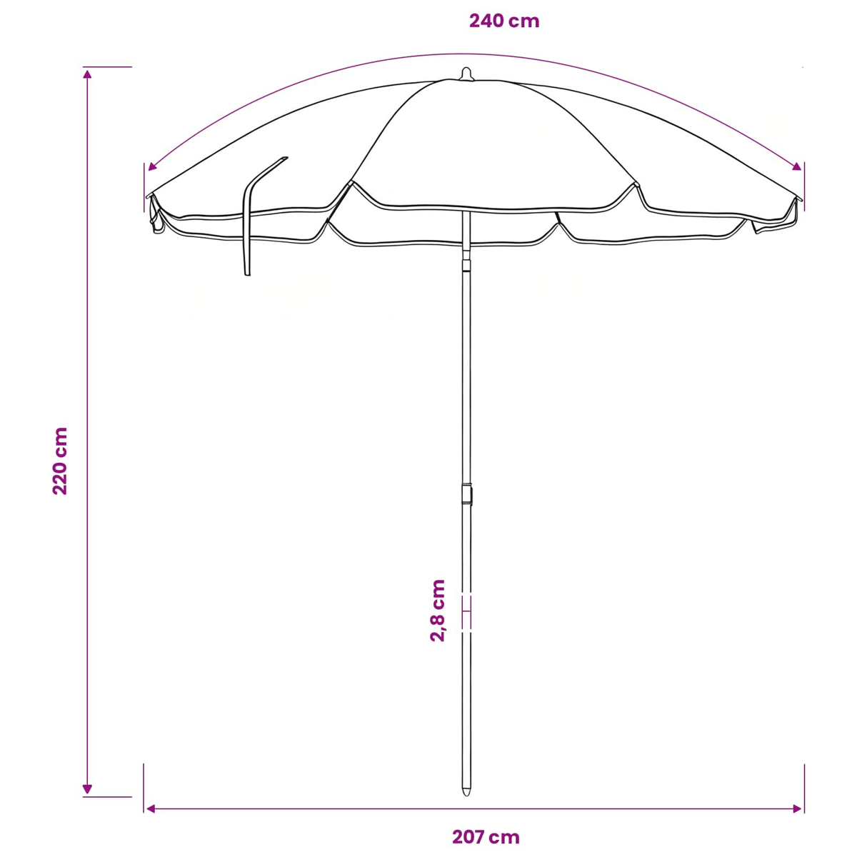 Un ombrellone con dimensioni: 220cm altezza, 240cm larghezza, 207cm base, 2,8cm palo.