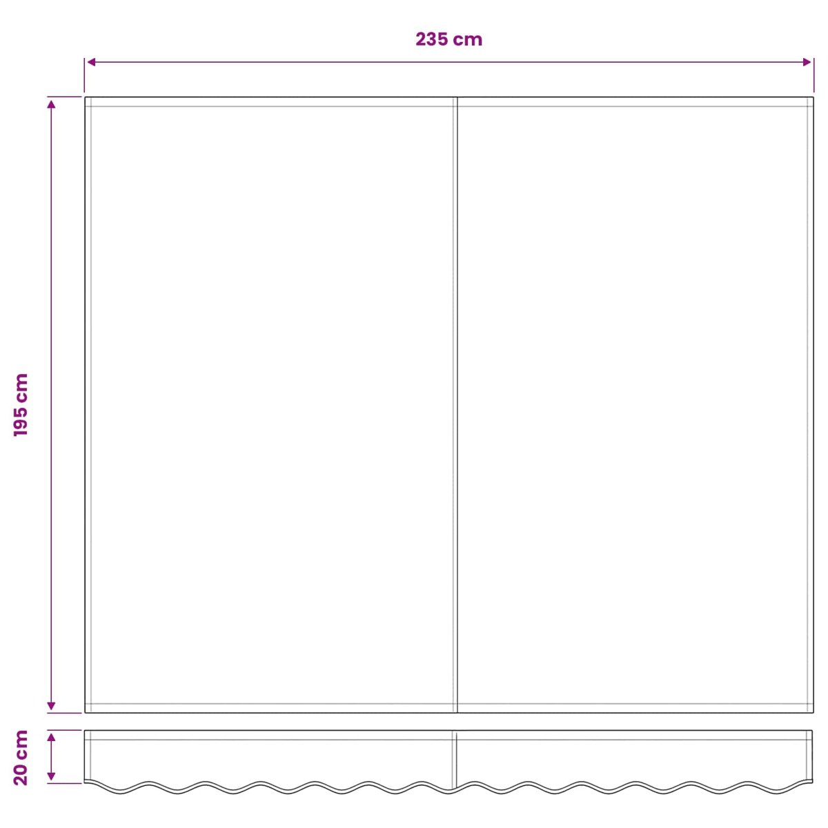 Diagrama de un armario. Dimensiones: 235 cm A, 195 cm Al, 20 cm Pr. Se muestran dos puertas.