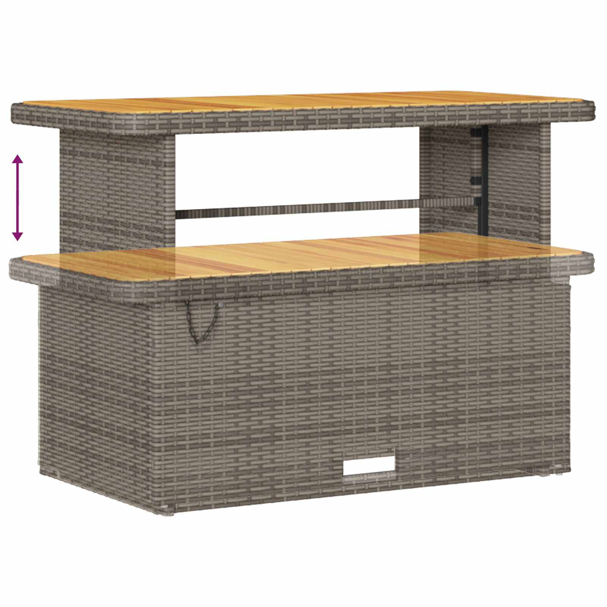 Bar in rattan grigio con piano in legno e doppio ripiano. Freccia viola indica altezza.
