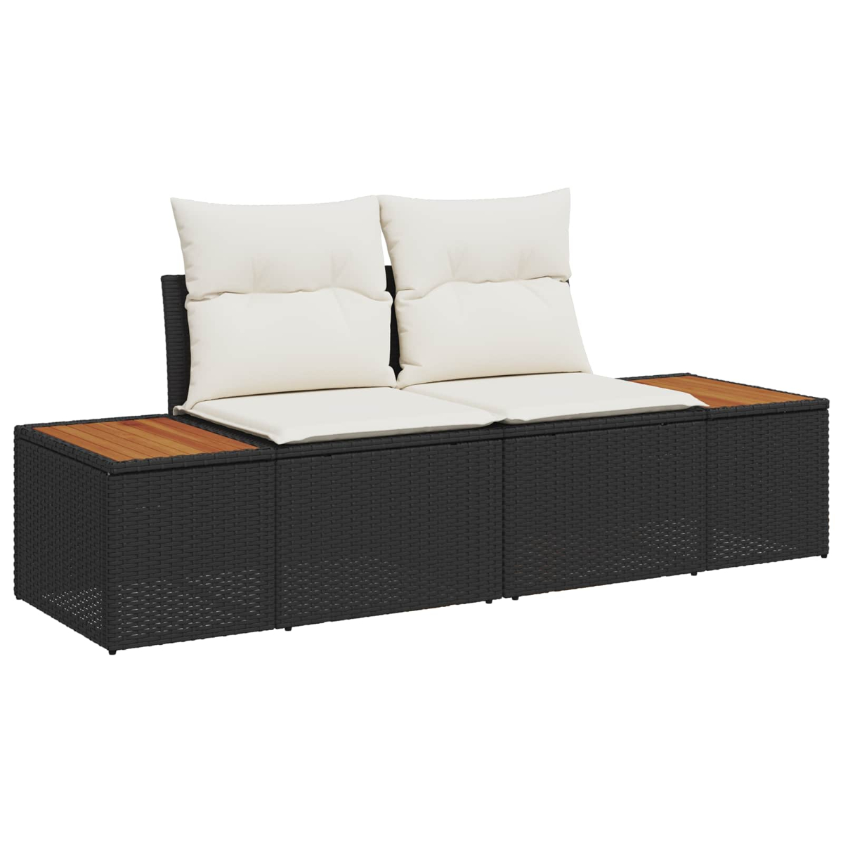 Ein schwarzes Rattan-Sofa mit beigen Kissen und Holzakzenten.
