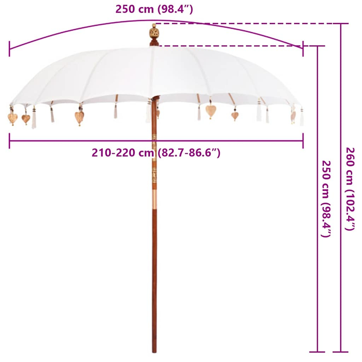Un parasole bianco con un palo di legno. Dimensioni: H 260 cm, diametro 250 cm.