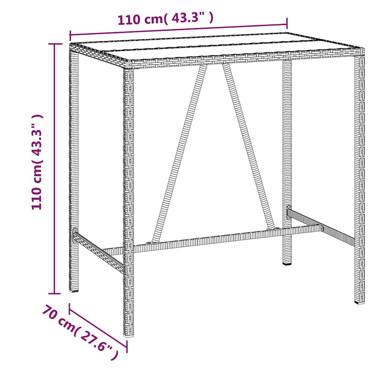 Zeichnung eines Korbtisches mit Maßen: 110 cm Länge, 70 cm Breite, 110 cm Höhe.
