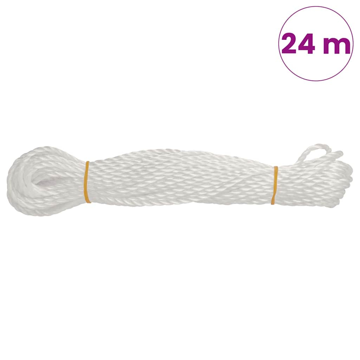 Ein aufgewickeltes weißes Seil mit gelben Bändern, 24 m lang.