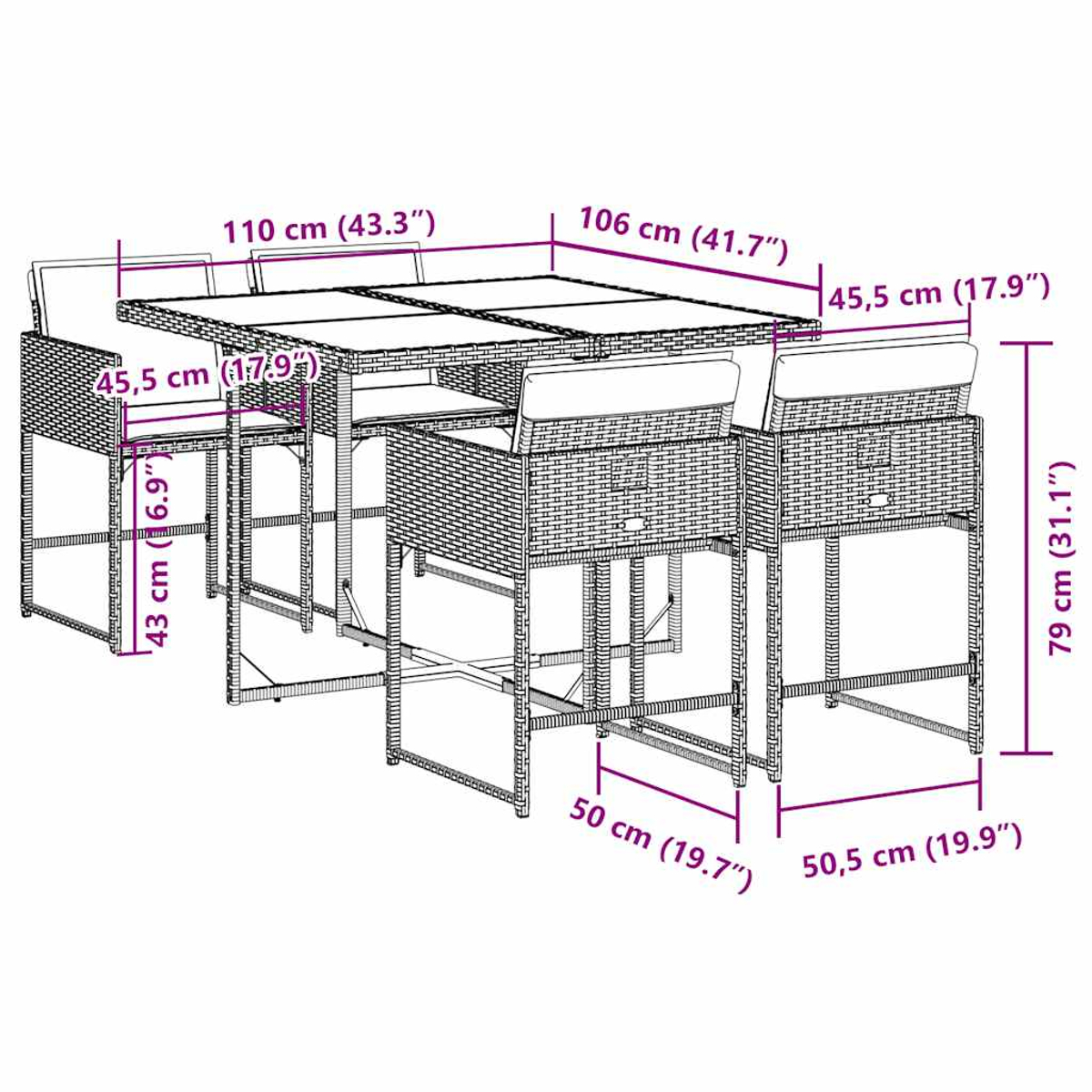 Un set da pranzo in rattan con tavolo e quattro sgabelli, con dimensioni.
