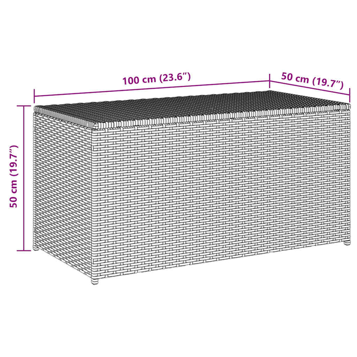 Ein rechteckiger Aufbewahrungstruhe mit Rattan-Optik, 100cm lang, 50cm breit und 50cm hoch.
