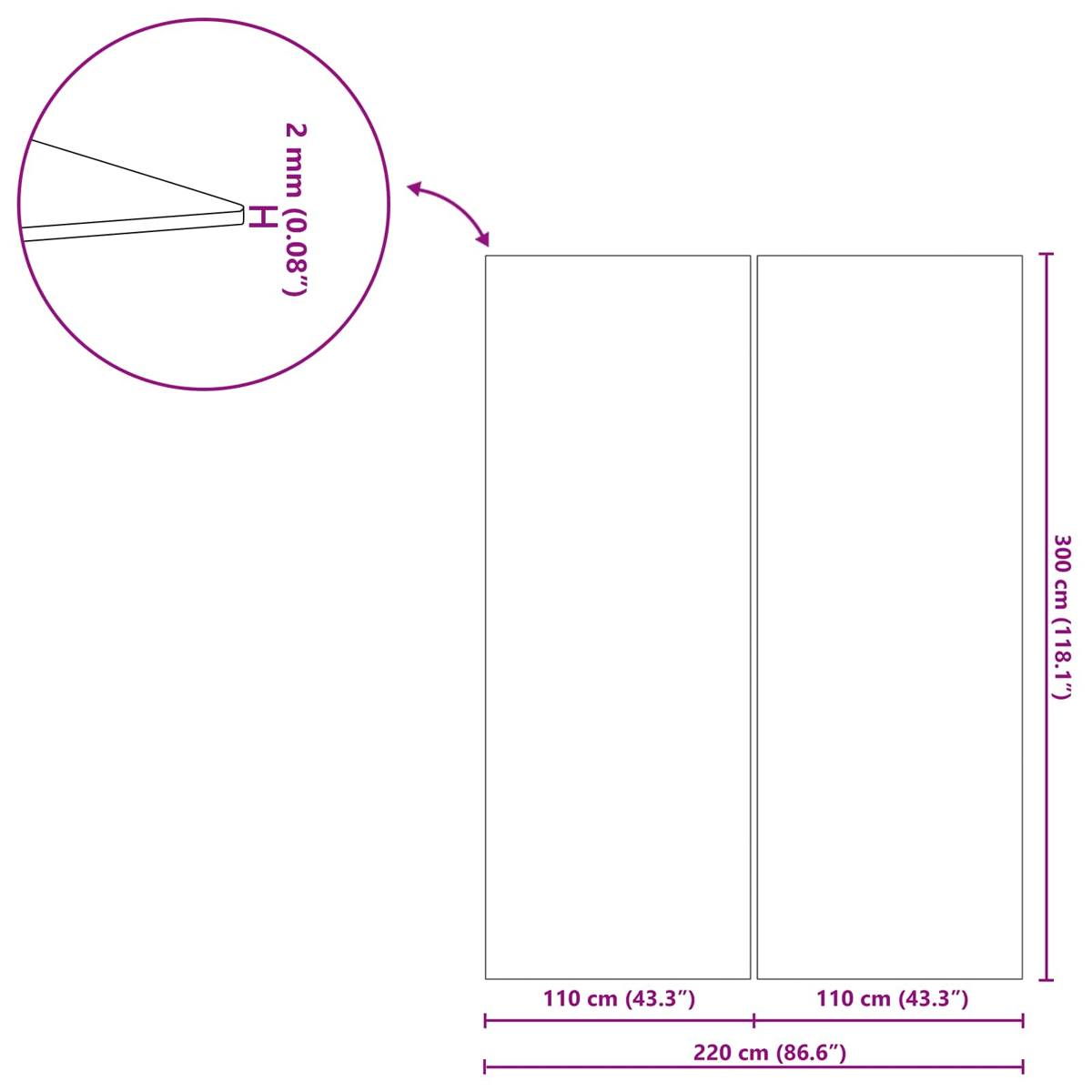 Zwei rechteckige Paneele, 300 cm hoch, 110 cm breit, mit Maßen.