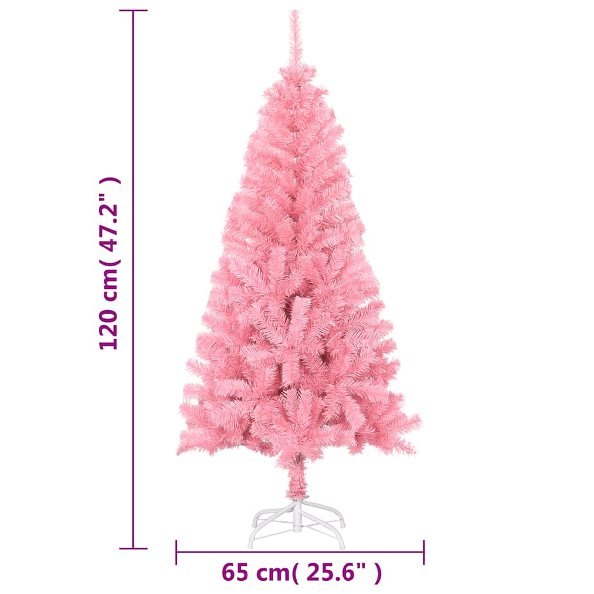Ein 120 cm hoher, rosafarbener Weihnachtsbaum mit weißem Ständer.