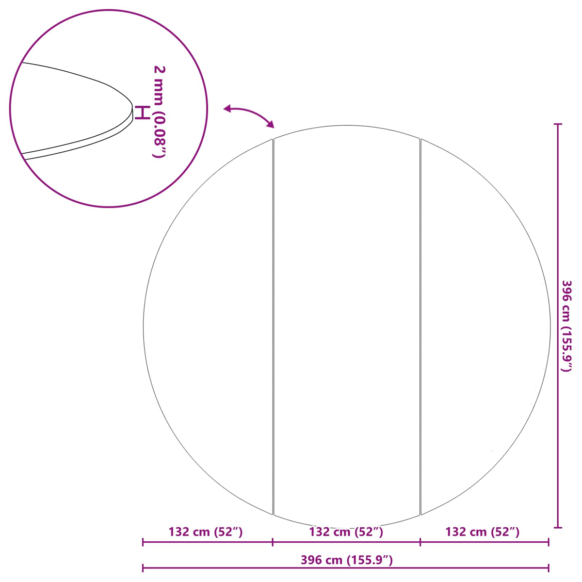 Kreisdiagramm mit Maßen: 396 cm (155,9") Durchmesser, 3x 132 cm (52").