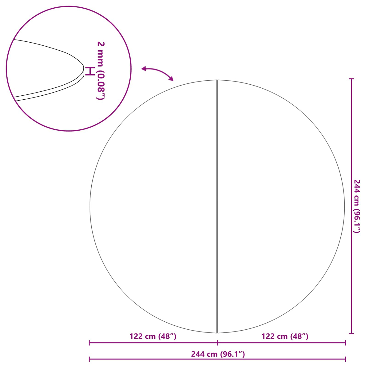 Kreisdiagramm, 244cm Durchmesser, 2mm Dicke. Bemaßung markiert.