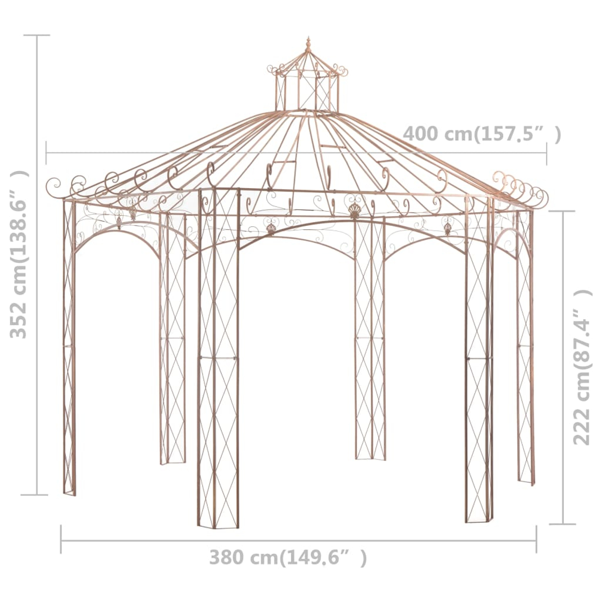 Eine bronzefarbene Metallpergola mit Säulen und geschwungener Dachlinie.